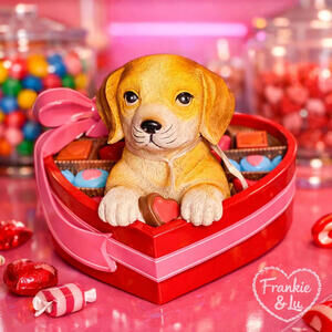 Bella Lux Valentine Puppy Chocolate Box Heart Figurine Pink Red NWT